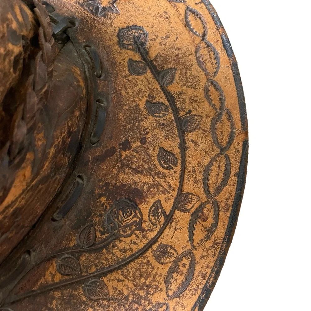 (SOLD) HANDMADE Vintage Hand Tooled Leather Mexican Western Cowboy Hat Hat O/S - Picture 14 of 15